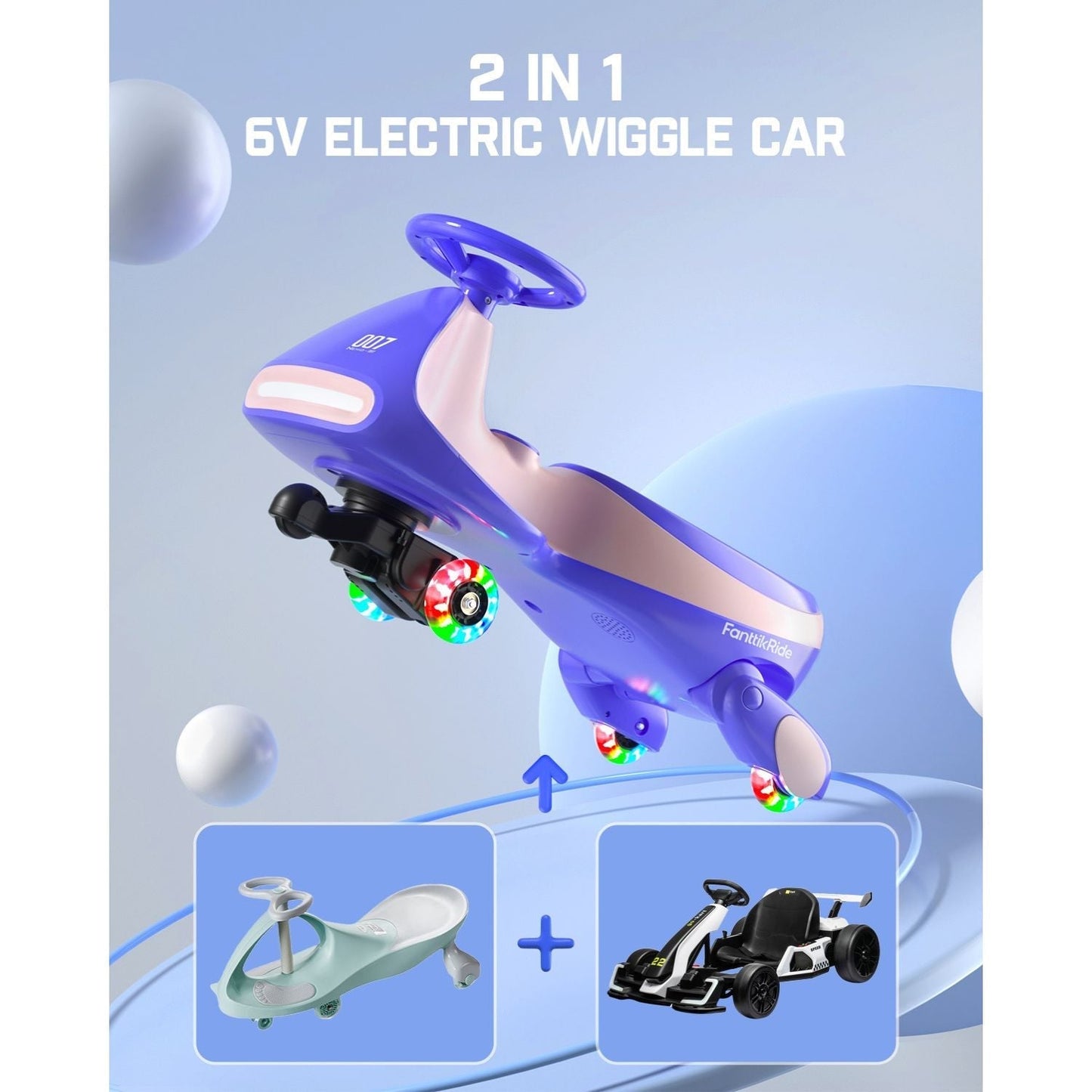 FanttikRide N7 Classic Electric Wiggle Car with Pedal, 6V Rechargeable Battery, 2 in 1 Swing Car, 2 Speed Ride On Toy, Anti-Rollover, Flashing Wheels, Bluetooth, Wiggle Car for 3 Years+, 150 Lbs