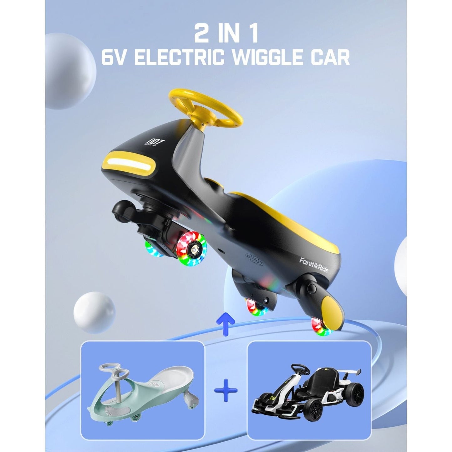 FanttikRide N7 Classic Electric Wiggle Car with Pedal, 6V Rechargeable Battery, 2 in 1 Swing Car, 2 Speed Ride On Toy, Anti-Rollover, Flashing Wheels, Bluetooth, Wiggle Car for 3 Years+, 150 Lbs